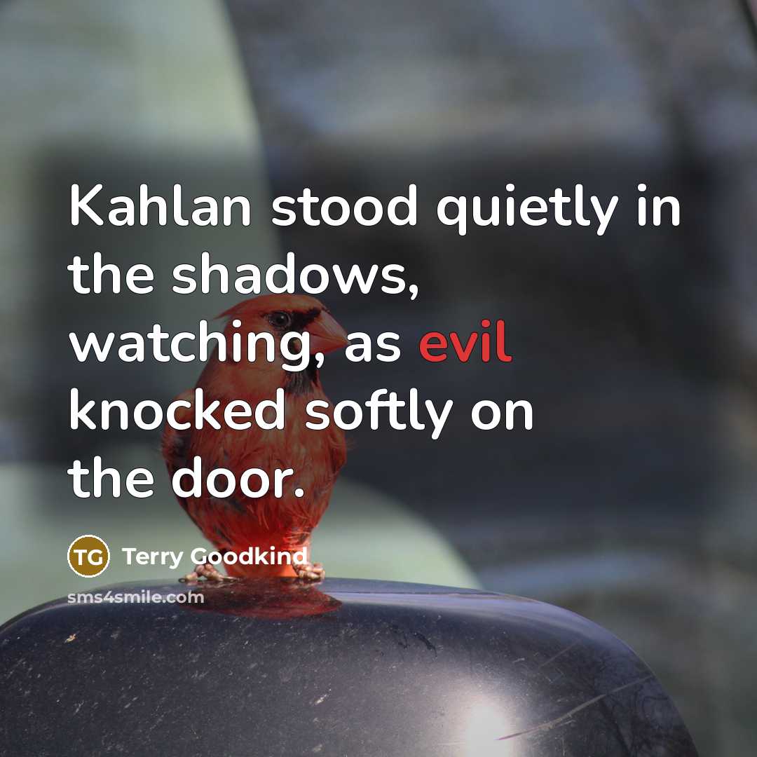 “Kahlan stood quietly in the shadows, watching, as evil knocked…” quote by Terry Goodkind