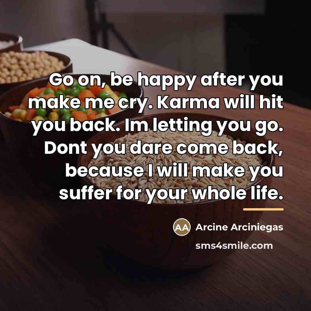 “Go on, be happy after you make me cry. Karma…” quote by Arcine Arciniegas
