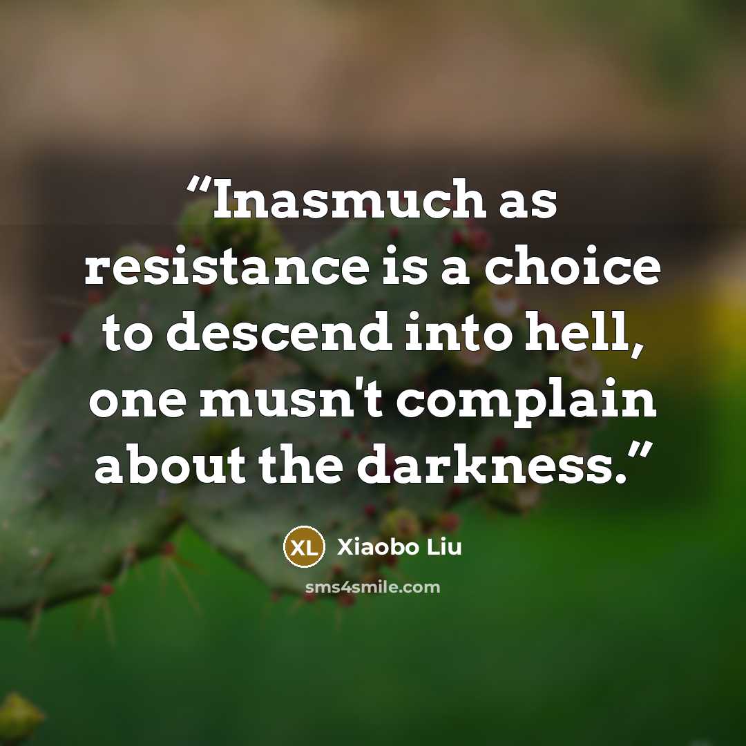 “Inasmuch as resistance is a choice to descend into hell, one musn't complain about the darkness.” quote by Xiaobo Liu