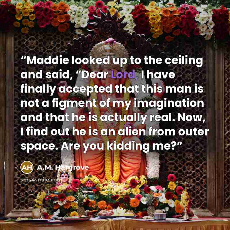 “Maddie looked up to the ceiling and said, “Dear Lord, I have finally accepted that this man is not a figment of my imagination and that he is actually real. Now, I find out he is an alien from outer space. Are you kidding me?” quote by A.M. Hargrove