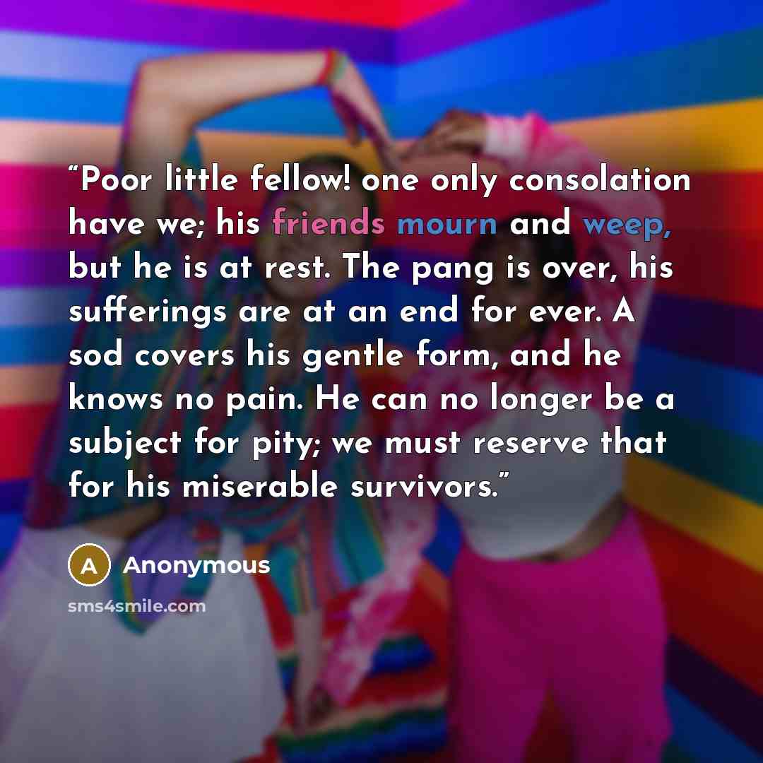 “Poor little fellow! one only consolation have we; his friends mourn and weep, but he is at rest. The pang is over, his sufferings are at an end for ever. A sod covers his gentle form, and he knows no pain. He can no longer be a subject for pity; we must reserve that for his miserable survivors.” quote by Anonymous