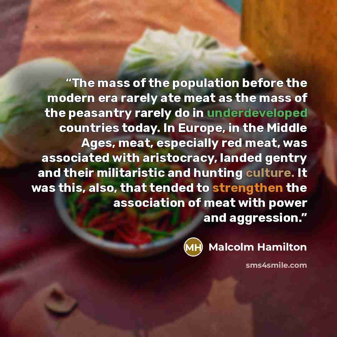 “The mass of the population before the modern era rarely ate meat as the mass of the peasantry rarely do in underdeveloped countries today. In Europe, in the Middle Ages, meat, especially red meat, was associated with aristocracy, landed gentry and their militaristic and hunting culture. It was…” quote by Malcolm Hamilton