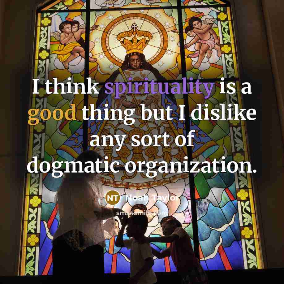 “I think spirituality is a good thing but I dislike any sort of dogmatic organization.” quote by Noah Taylor