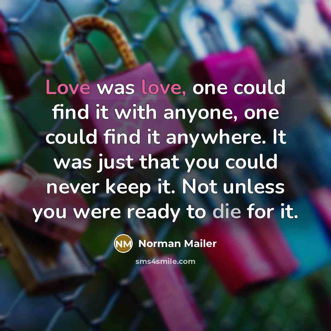 “Love was love, one could find it with anyone, one could find it anywhere. It was just that you could never keep it. Not unless you were ready to die for it.” quote by Norman Mailer