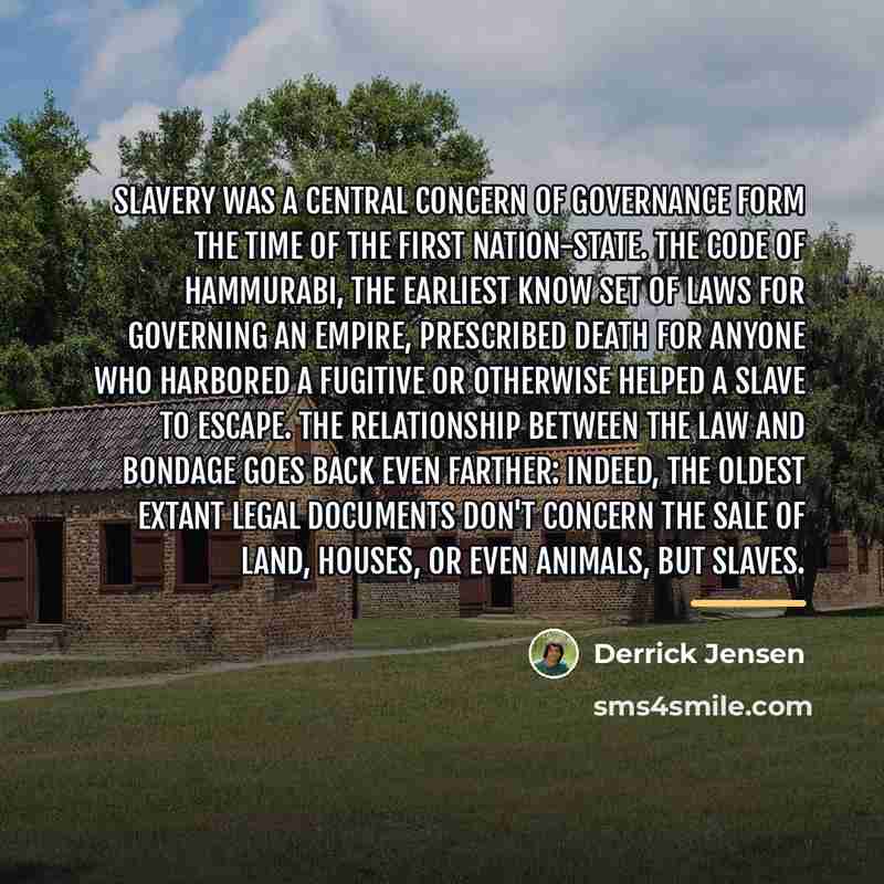 “Slavery was a central concern of governance form the time…” quote by Derrick Jensen