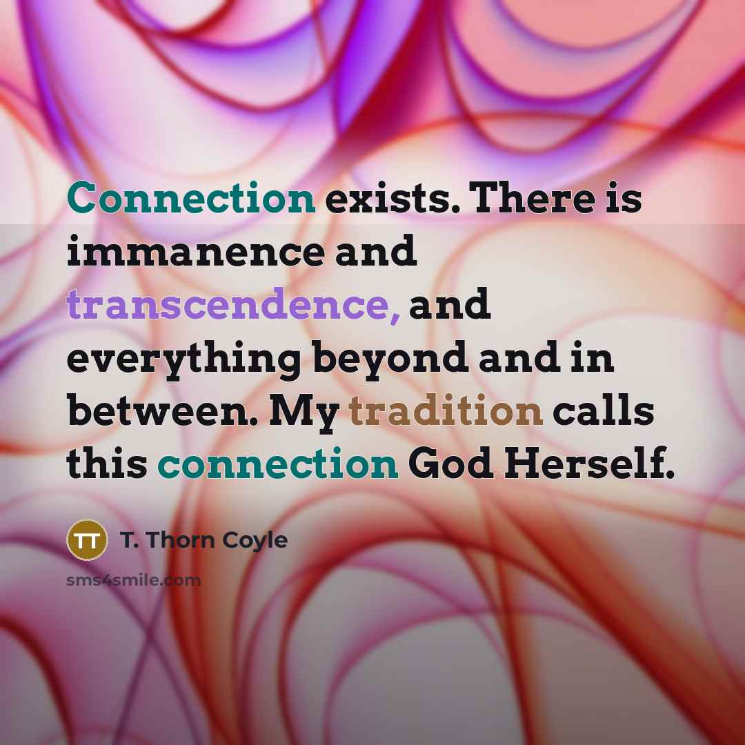 “Connection exists. There is immanence and transcendence, and everything beyond and in between. My tradition calls this connection God Herself.” quote by T. Thorn Coyle