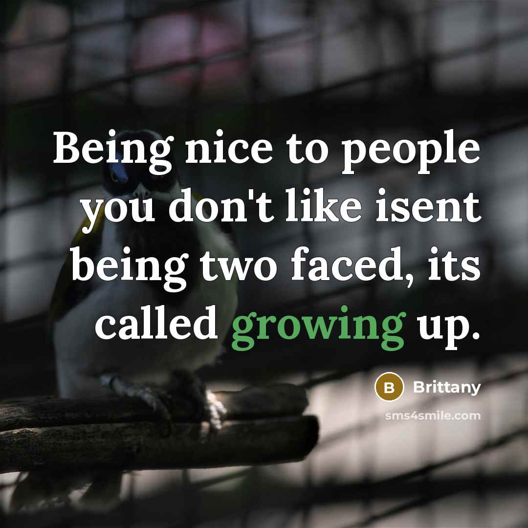 “Being nice to people you don't like isent being two faced, its called growing up.” quote by Brittany