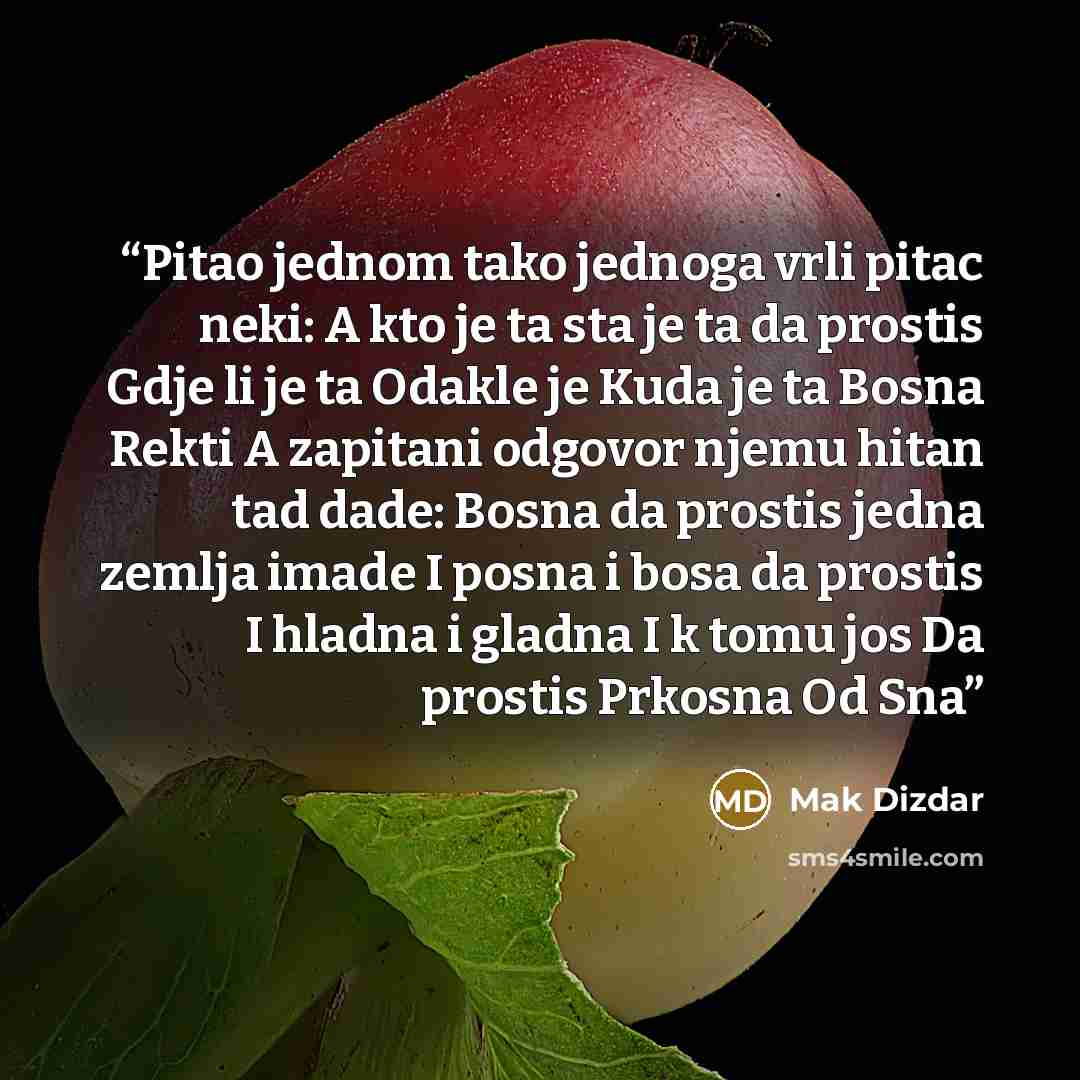 “Pitao jednom tako jednoga vrli pitac neki: A kto je ta sta je ta da prostis Gdje li je ta Odakle je Kuda je ta Bosna Rekti A zapitani odgovor njemu hitan tad dade: Bosna da prostis jedna zemlja imade I posna i bosa da prostis I hladna i gladna I k tomu jos Da prostis Prkosna Od Sna” quote by Mak Dizdar
