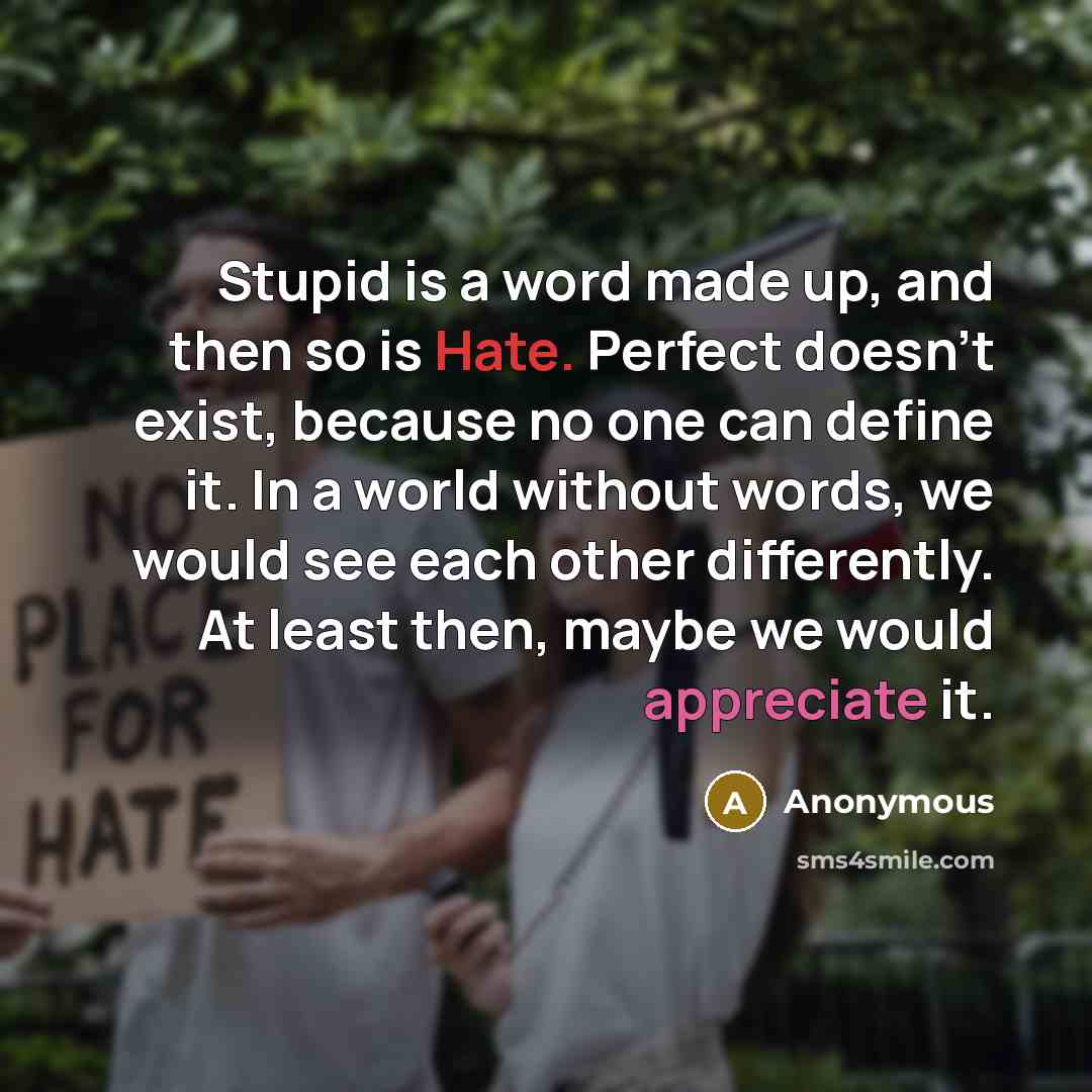 “Stupid is a word made up, and then so is Hate. Perfect doesn't exist, because no one can define it. In a world without words, we would see each other differently. At least then, maybe we would appreciate it.” quote by Anonymous