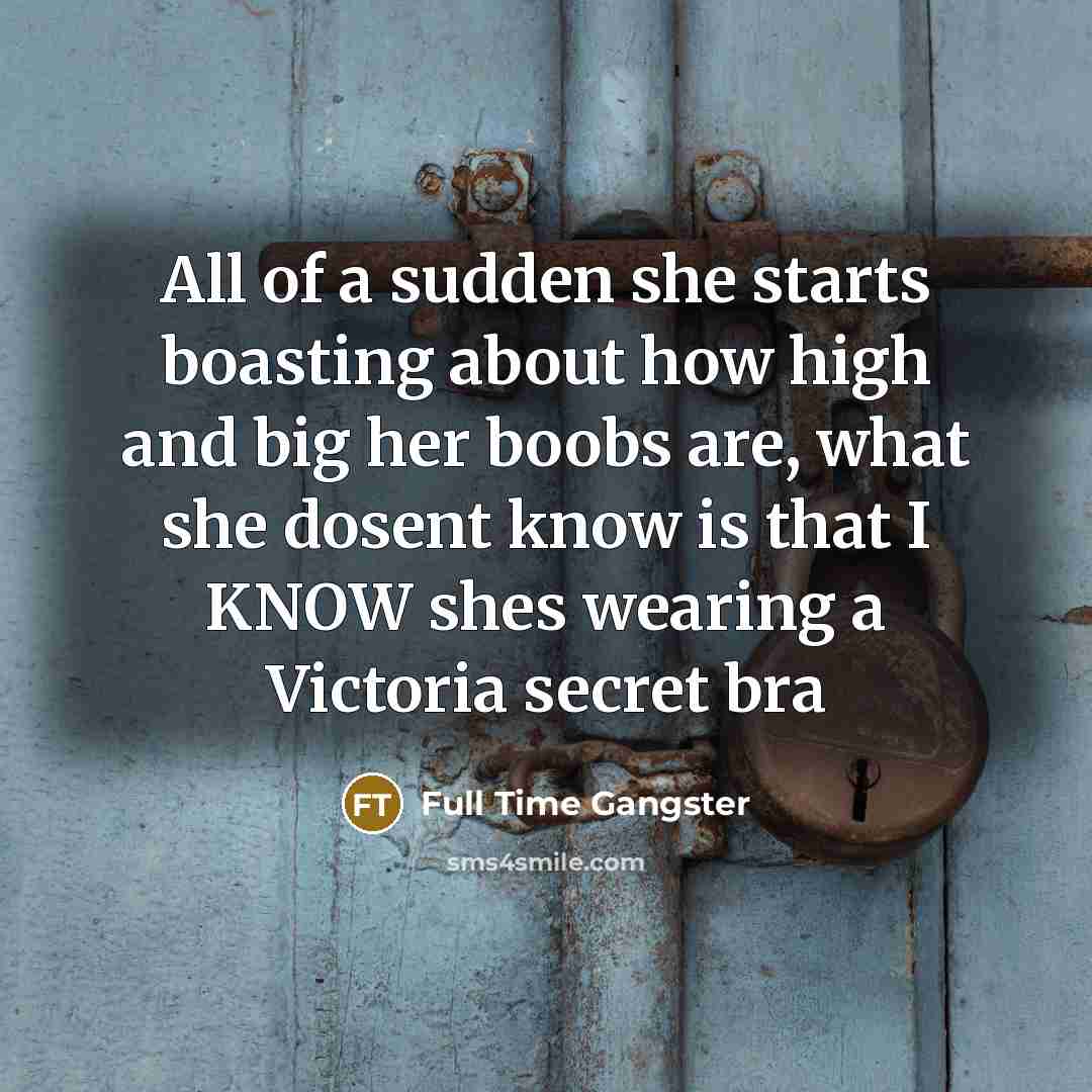 “All of a sudden she starts boasting about how high and big her boobs are, what she dosent know is that I KNOW shes wearing a Victoria secret bra” quote by Full Time Gangster