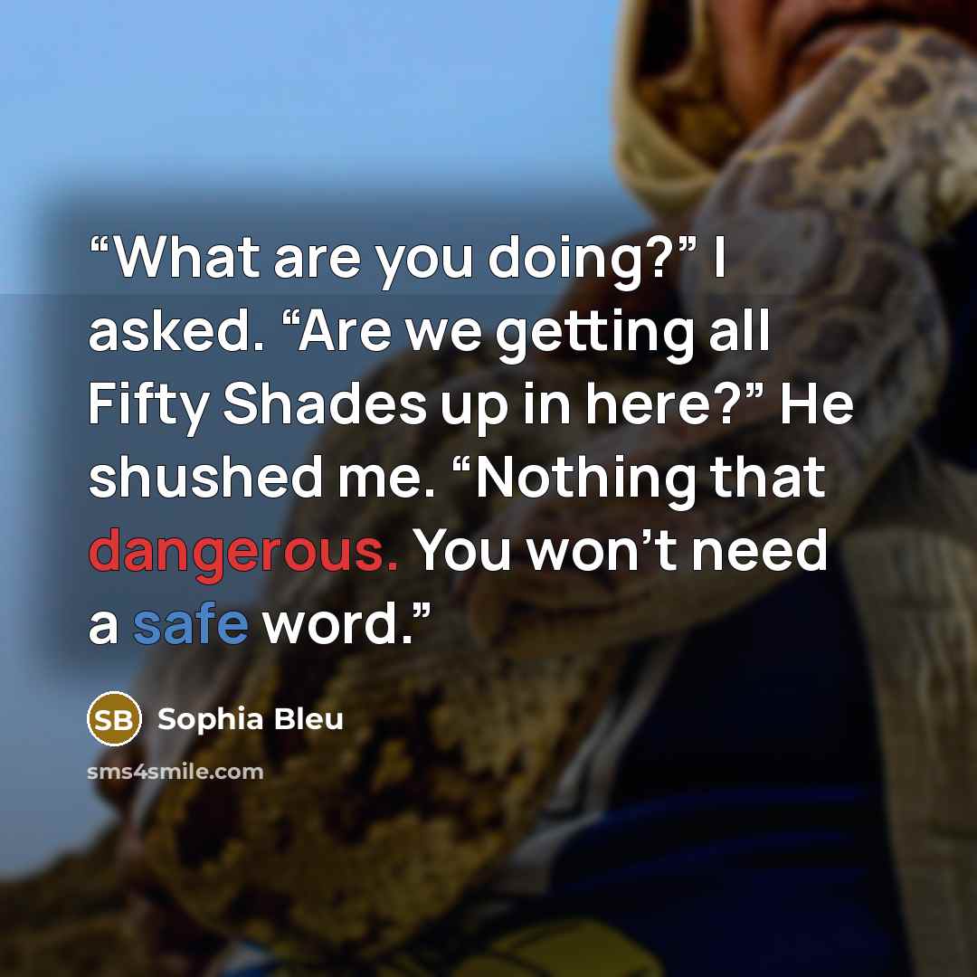 “What are you doing?” I asked. “Are we getting all Fifty Shades up in here?” He shushed me. “Nothing that dangerous. You won’t need a safe word.” quote by Sophia Bleu