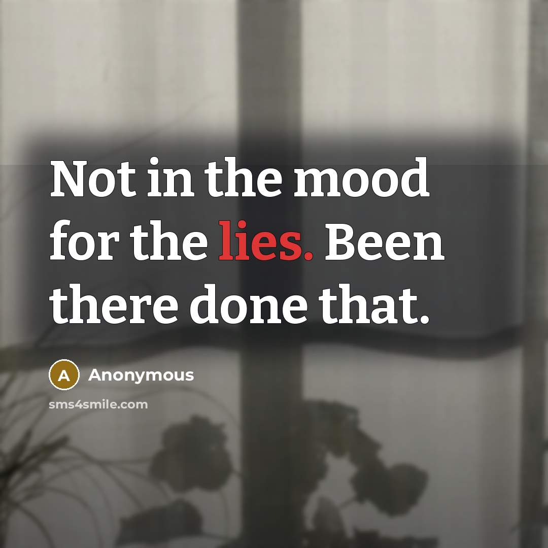 “Not in the mood for the lies. Been there done…” quote by Anonymous