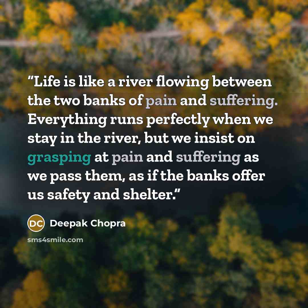 “Life is like a river flowing between the two banks of pain and suffering. Everything runs perfectly when we stay in the river, but we insist on grasping at pain and suffering as we pass them, as if the banks offer us safety and shelter.” quote by Deepak Chopra