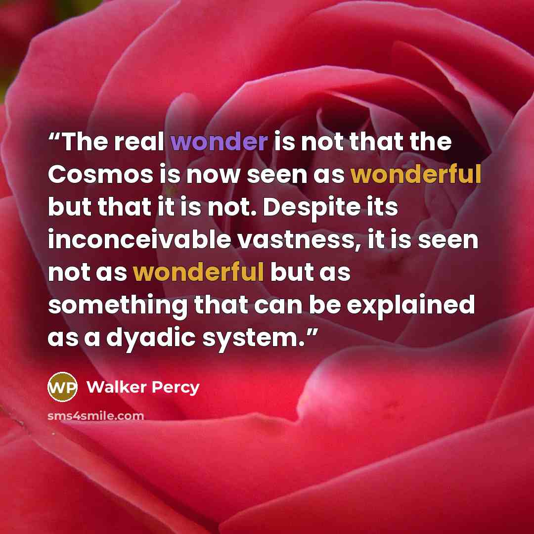 “The real wonder is not that the Cosmos is now seen as wonderful but that it is not. Despite its inconceivable vastness, it is seen not as wonderful but as something that can be explained as a dyadic system.” quote by Walker Percy