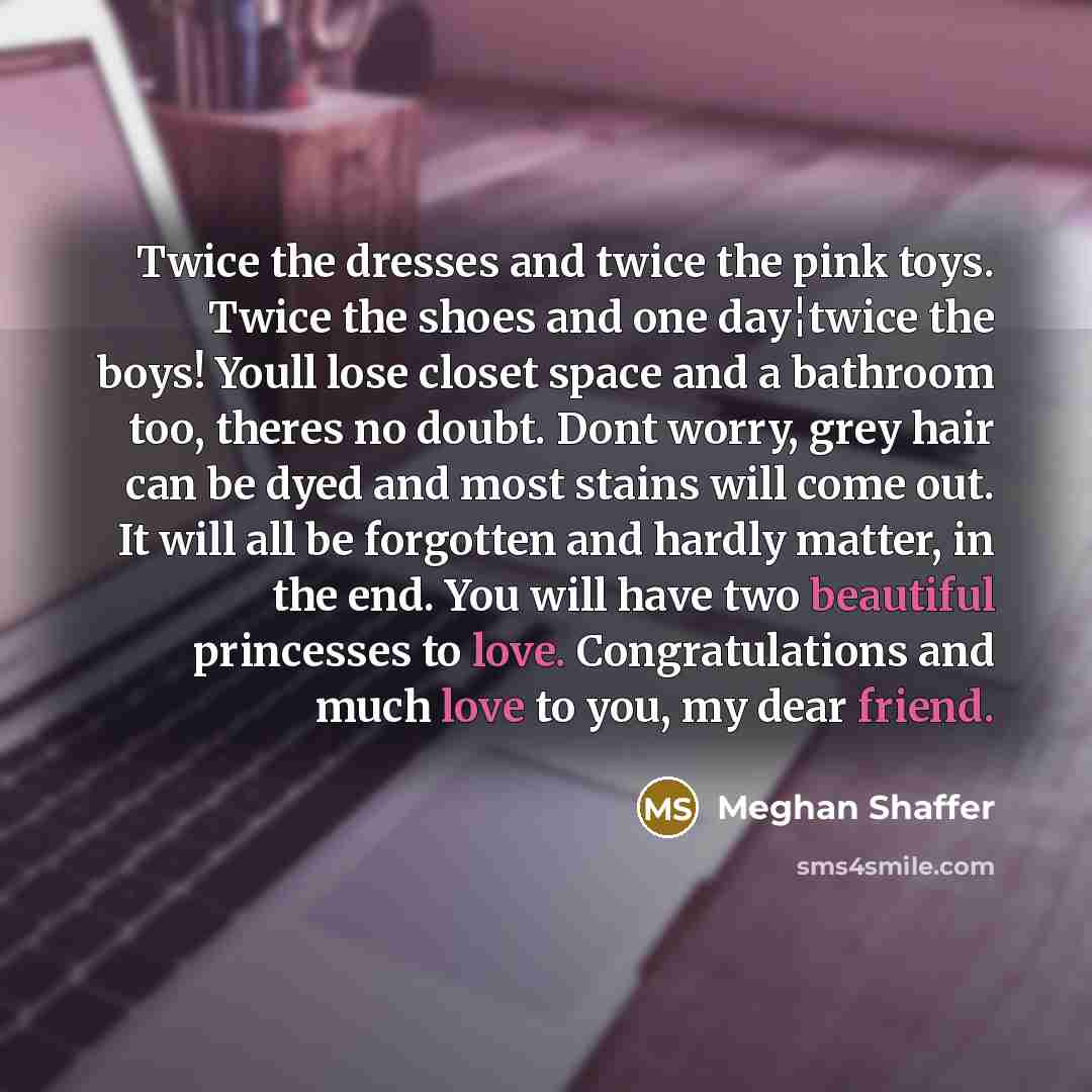 “Twice the dresses and twice the pink toys. Twice the shoes and one day¦twice the boys! Youll lose closet space and a bathroom too, theres no doubt. Dont worry, grey hair can be dyed and most stains will come out. It will all be forgotten and hardly matter, in the end. You will have two beautiful…” quote by Meghan Shaffer