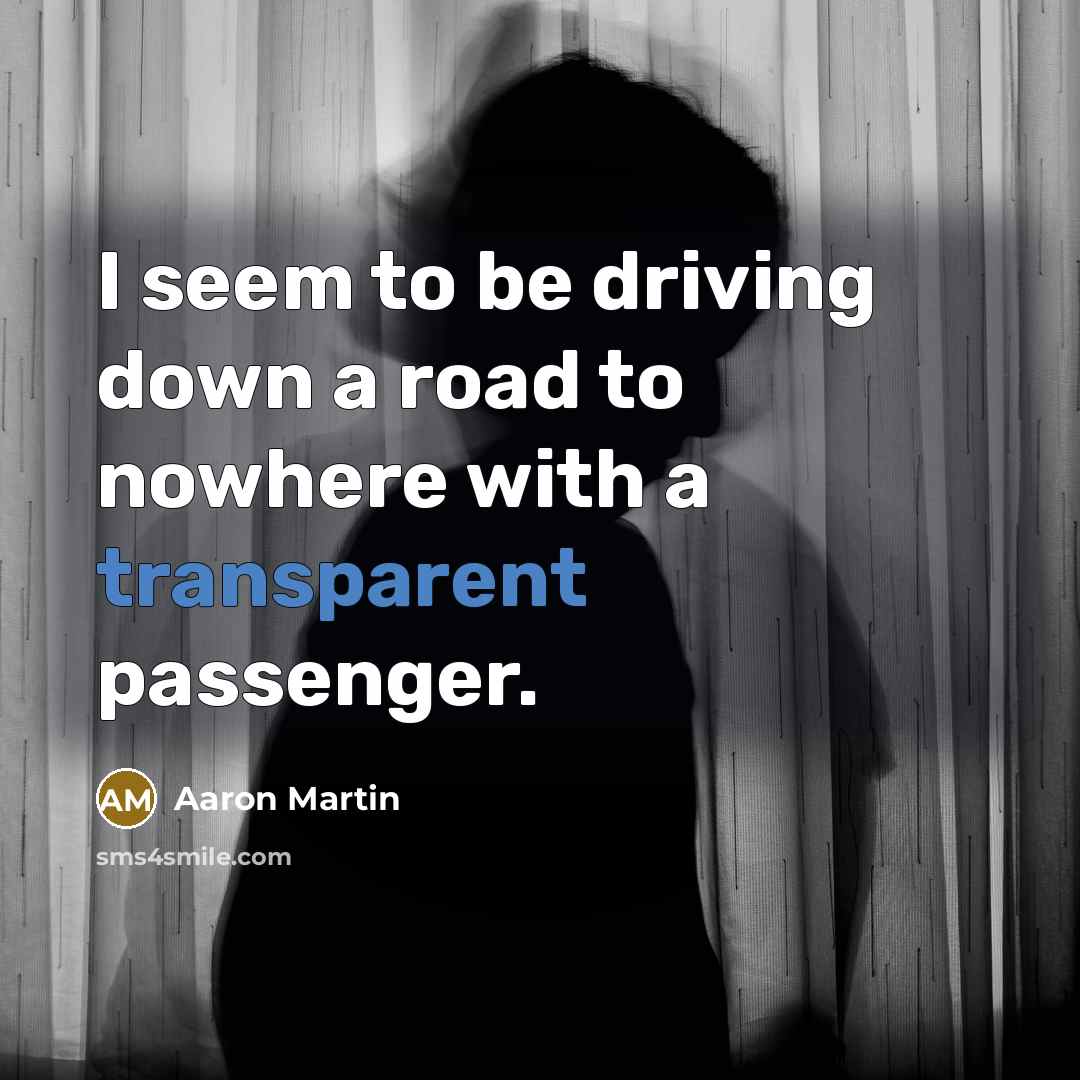 “I seem to be driving down a road to nowhere with a transparent passenger.” quote by Aaron Martin
