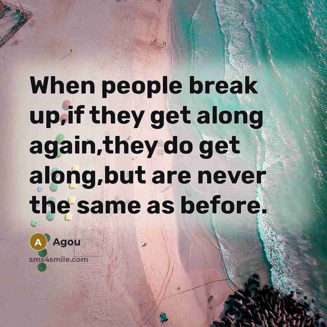 “When people break up,if they get along again,they do get along,but are never the same as before.” quote by Agou