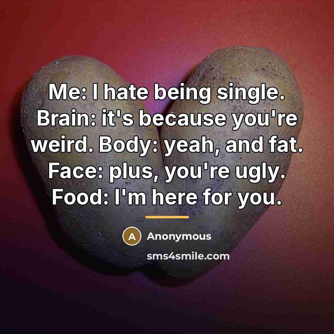 “Me: I hate being single. Brain: it's because you're weird.…” quote by Anonymous