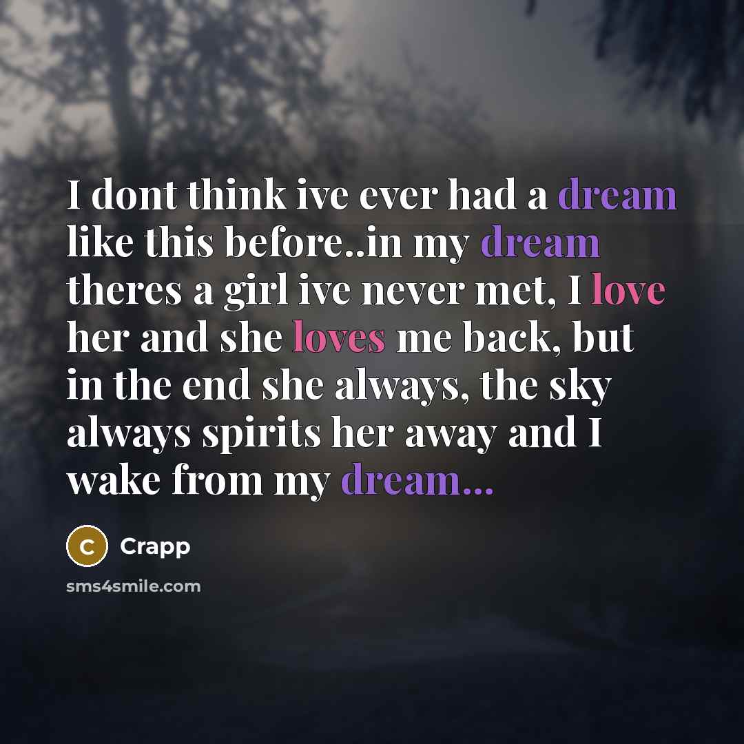 “I dont think ive ever had a dream like this before..in my dream theres a girl ive never met, I love her and she loves me back, but in the end she always, the sky always spirits her away and I wake from my dream...” quote by Crapp