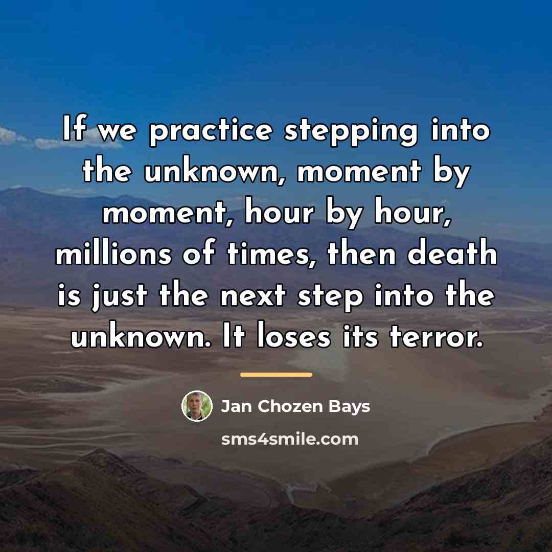 “If we practice stepping into the unknown, moment by moment,…” quote by Jan Chozen Bays