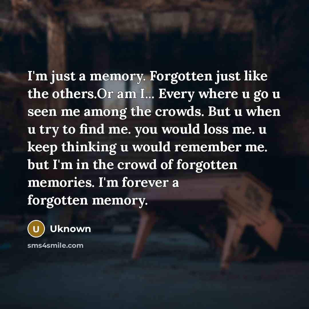 “I'm just a memory. Forgotten just like the others.Or am…” quote by Uknown