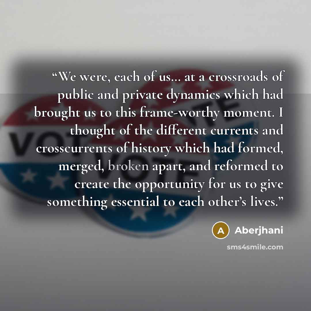 “We were, each of us… at a crossroads of public and private dynamics which had brought us to this frame-worthy moment. I thought of the different currents and crosscurrents of history which had formed, merged, broken apart, and reformed to create the opportunity for us to give something essential…” quote by Aberjhani