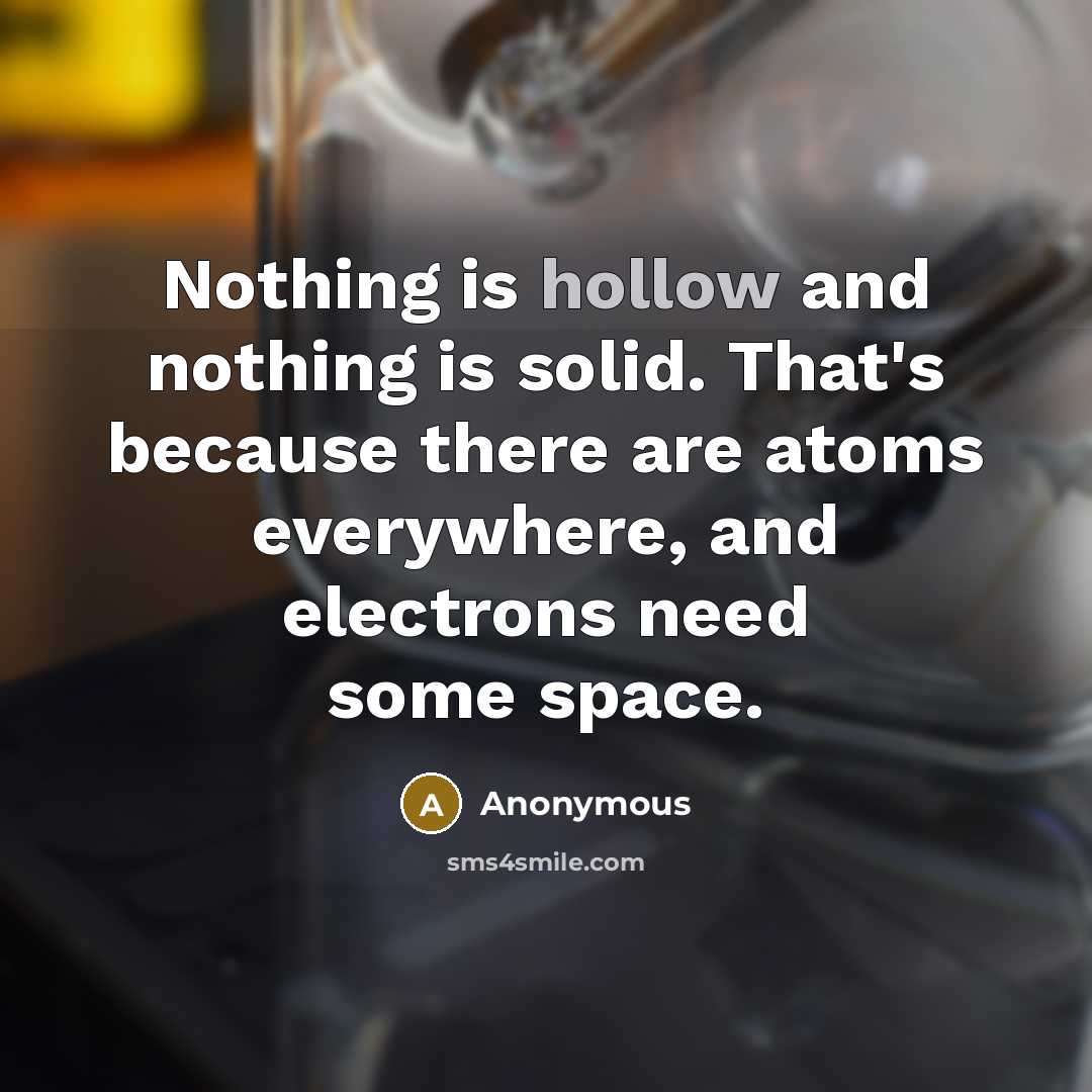 “Nothing is hollow and nothing is solid. That's because there are atoms everywhere, and electrons need some space.” quote by Anonymous