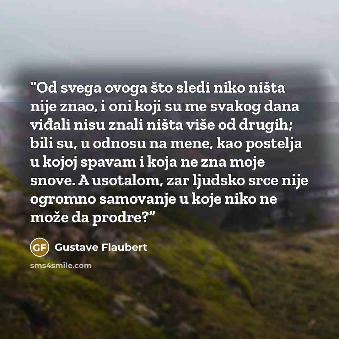 “Od svega ovoga što sledi niko ništa nije znao, i oni koji su me svakog dana viđali nisu znali ništa više od drugih; bili su, u odnosu na mene, kao postelja u kojoj spavam i koja ne zna moje snove. A usotalom, zar ljudsko srce nije ogromno samovanje u koje niko ne može da prodre?” quote by Gustave Flaubert