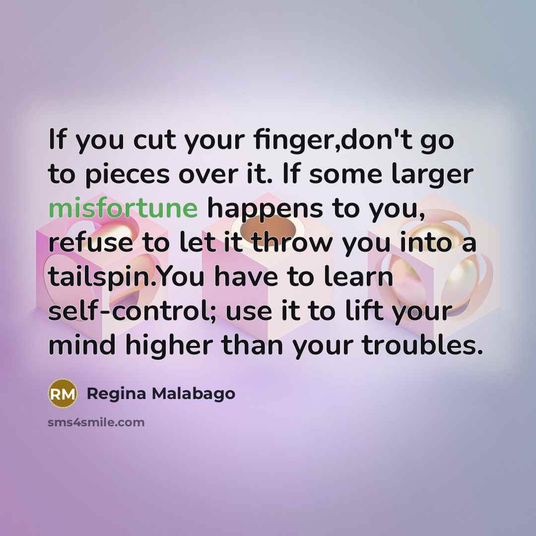 “If you cut your finger,don't go to pieces over it. If some larger misfortune happens to you, refuse to let it throw you into a tailspin.You have to learn self-control; use it to lift your mind higher than your troubles.” quote by Regina Malabago