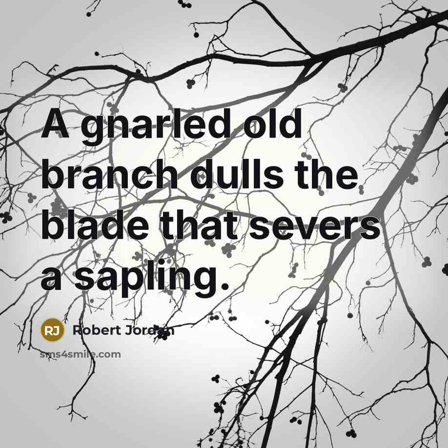 “A gnarled old branch dulls the blade that severs a…” quote by Robert Jordan