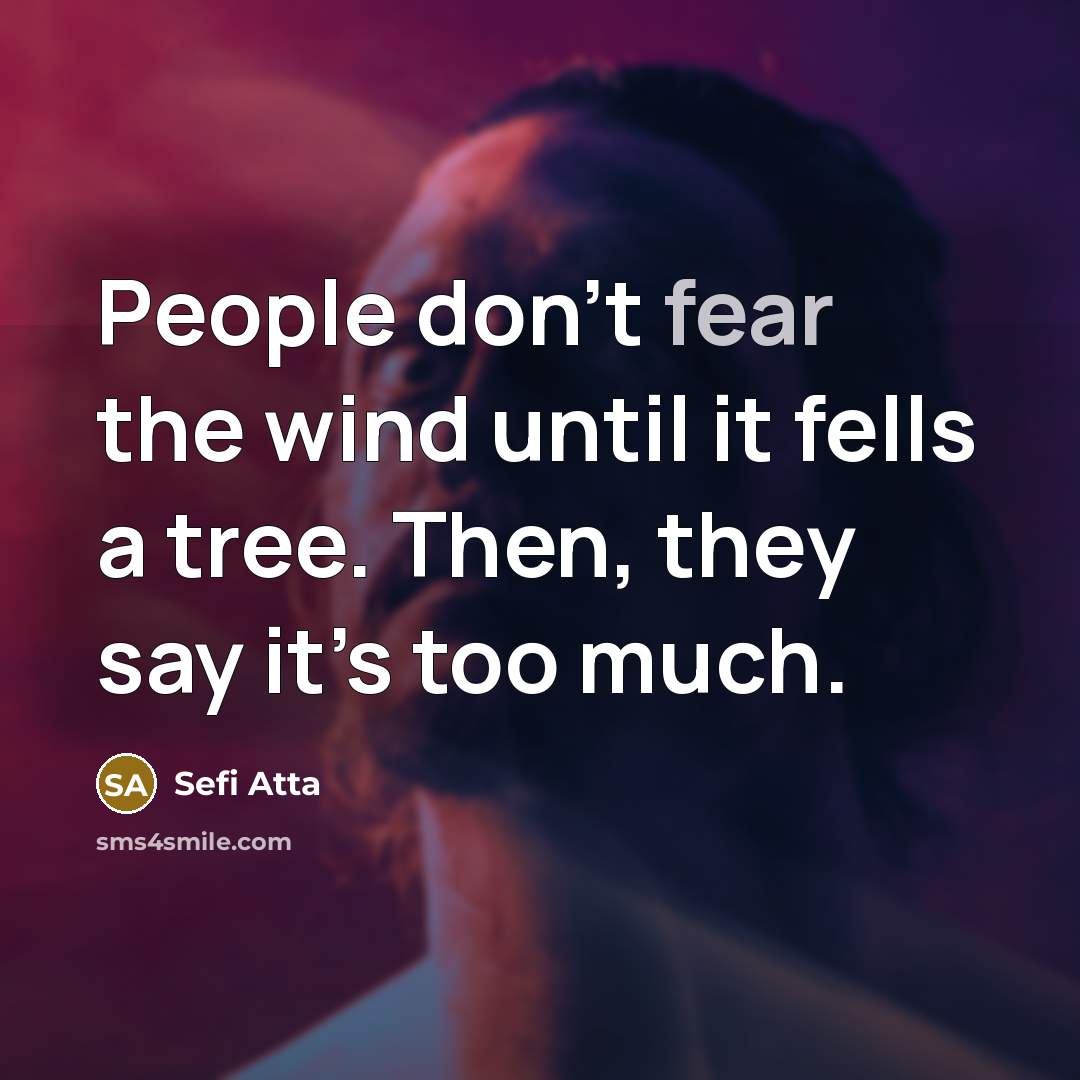 “People don’t fear the wind until it fells a tree.…” quote by Sefi Atta