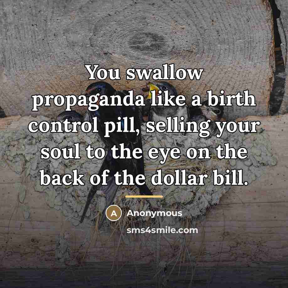 “You swallow propaganda like a birth control pill, selling your…” quote by Anonymous