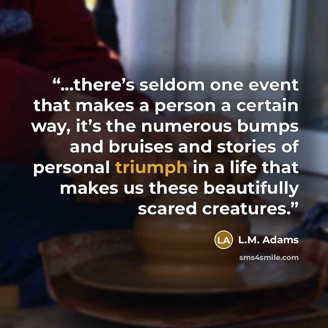 “...there’s seldom one event that makes a person a certain way, it’s the numerous bumps and bruises and stories of personal triumph in a life that makes us these beautifully scared creatures.” quote by L.M. Adams