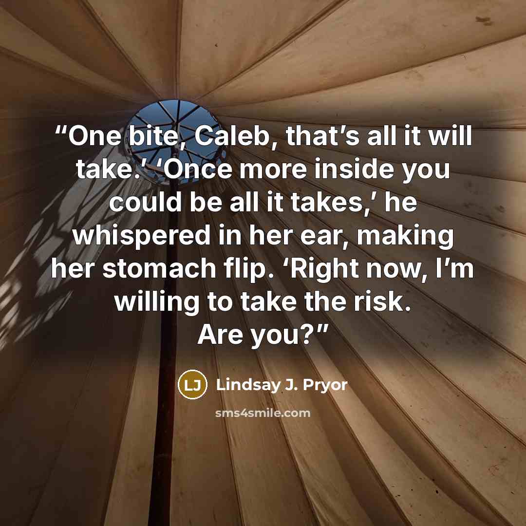 “One bite, Caleb, that’s all it will take.’ ‘Once more inside you could be all it takes,’ he whispered in her ear, making her stomach flip. ‘Right now, I’m willing to take the risk. Are you?” quote by Lindsay J. Pryor
