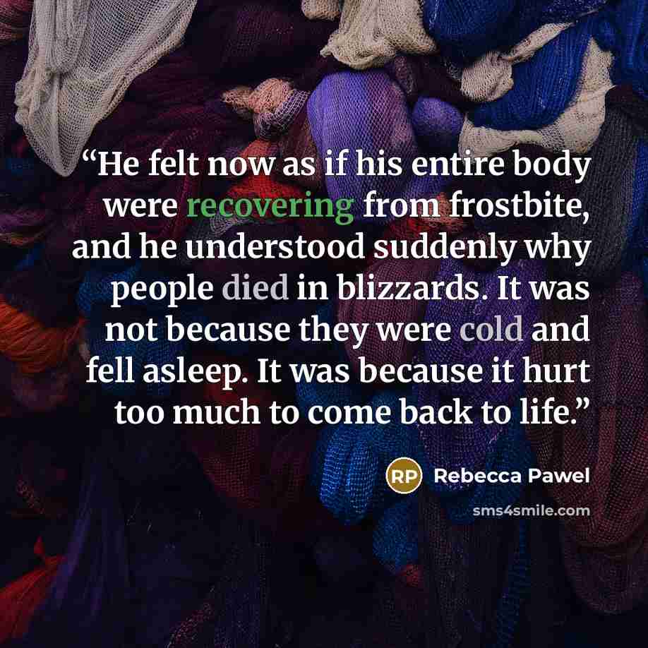 “He felt now as if his entire body were recovering from frostbite, and he understood suddenly why people died in blizzards. It was not because they were cold and fell asleep. It was because it hurt too much to come back to life.” quote by Rebecca Pawel