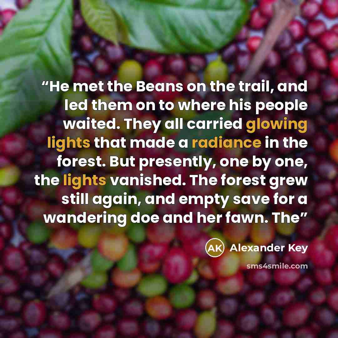 “He met the Beans on the trail, and led them on to where his people waited. They all carried glowing lights that made a radiance in the forest. But presently, one by one, the lights vanished. The forest grew still again, and empty save for a wandering doe and her fawn. The” quote by Alexander Key