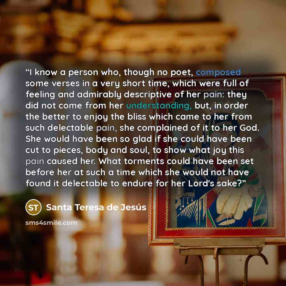 “I know a person who, though no poet, composed some verses in a very short time, which were full of feeling and admirably descriptive of her pain: they did not come from her understanding, but, in order the better to enjoy the bliss which came to her from such delectable pain, she complained of it…” quote by Santa Teresa de Jesús