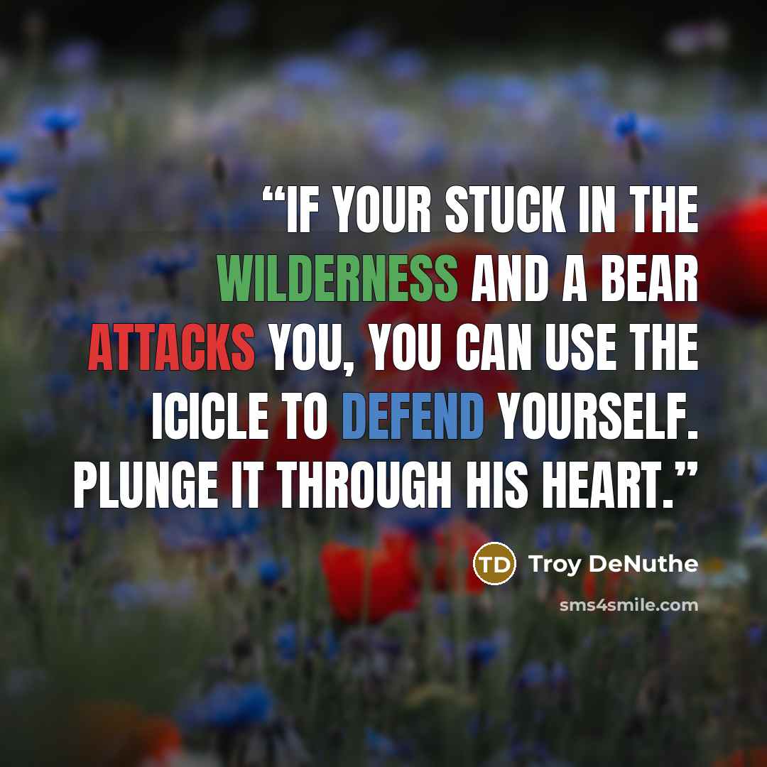 “If your stuck in the wilderness and a bear attacks you, you can use the icicle to defend yourself. Plunge it through his heart.” quote by Troy DeNuthe