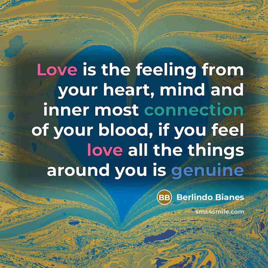“Love is the feeling from your heart, mind and inner most connection of your blood, if you feel love all the things around you is genuine” quote by Berlindo Bianes