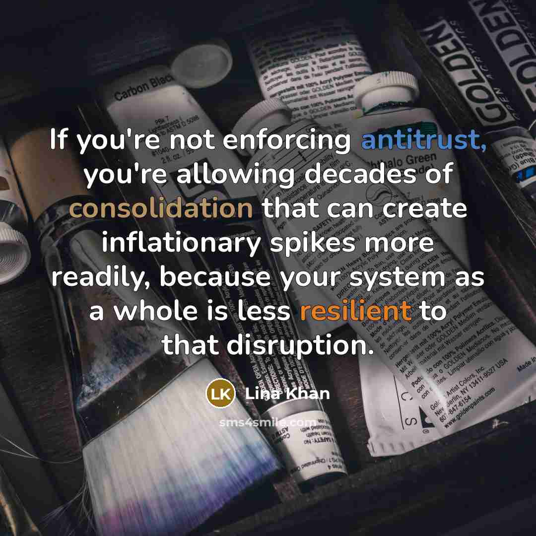 “If you're not enforcing antitrust, you're allowing decades of consolidation that can create inflationary spikes more readily, because your system as a whole is less resilient to that disruption.” quote by Lina Khan