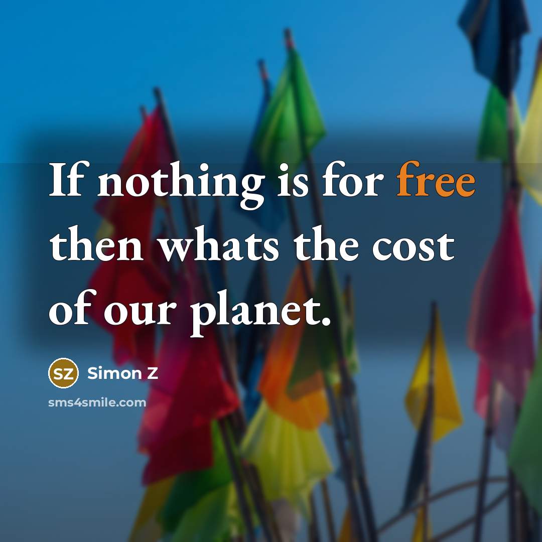 “If nothing is for free then whats the cost of our planet.” quote by Simon Z