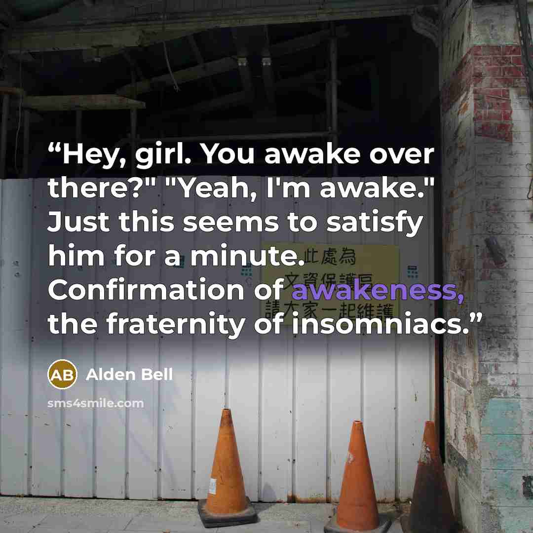 “Hey, girl. You awake over there?" "Yeah, I'm awake." Just this seems to satisfy him for a minute. Confirmation of awakeness, the fraternity of insomniacs.” quote by Alden Bell