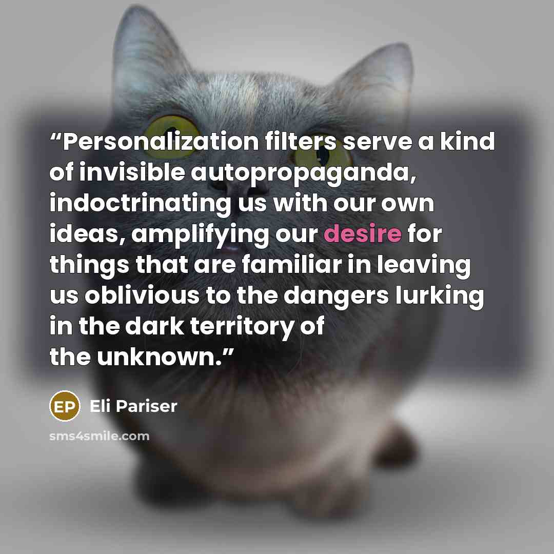 “Personalization filters serve a kind of invisible autopropaganda, indoctrinating us with our own ideas, amplifying our desire for things that are familiar in leaving us oblivious to the dangers lurking in the dark territory of the unknown.” quote by Eli Pariser