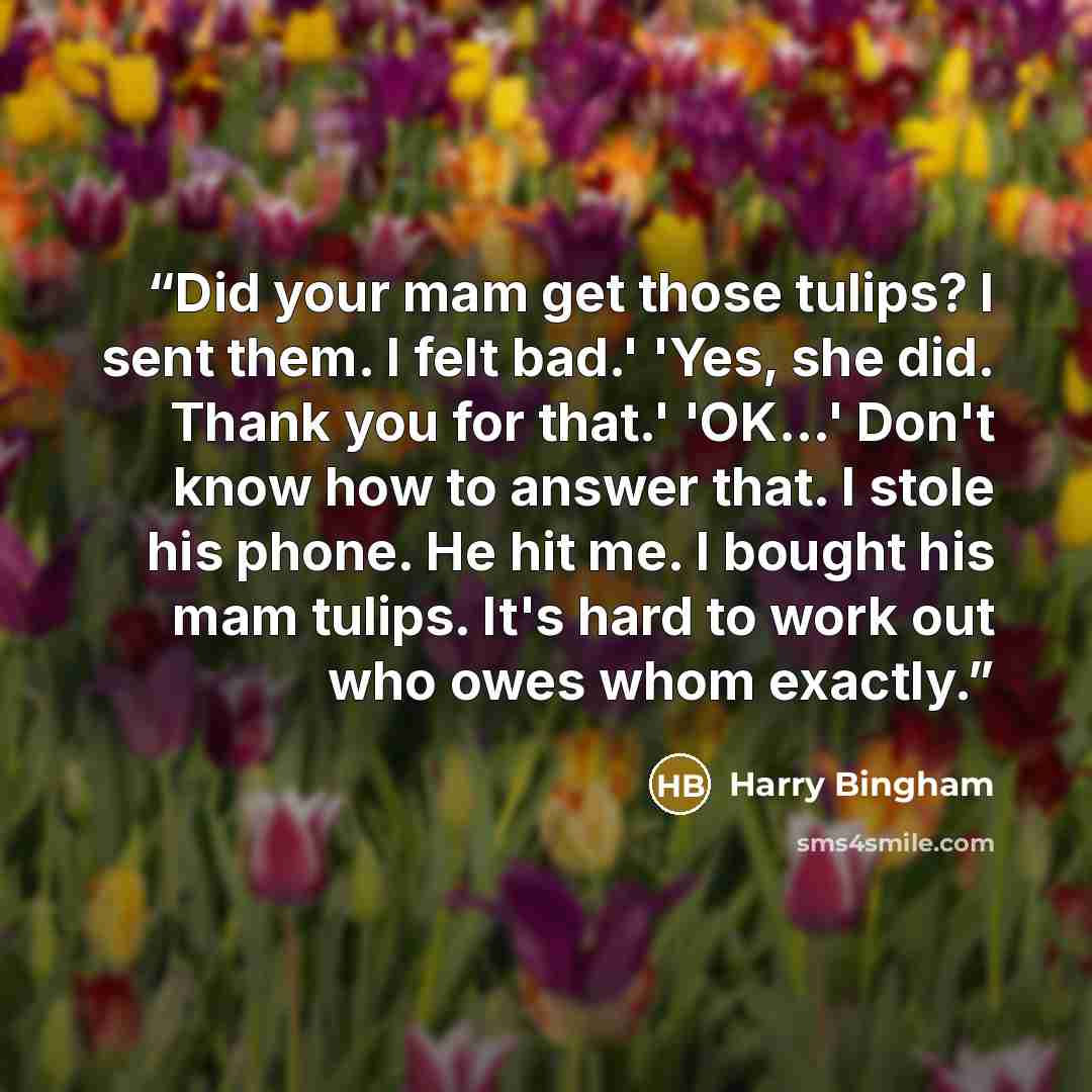 “Did your mam get those tulips? I sent them. I felt bad.' 'Yes, she did. Thank you for that.' 'OK...' Don't know how to answer that. I stole his phone. He hit me. I bought his mam tulips. It's hard to work out who owes whom exactly.” quote by Harry Bingham