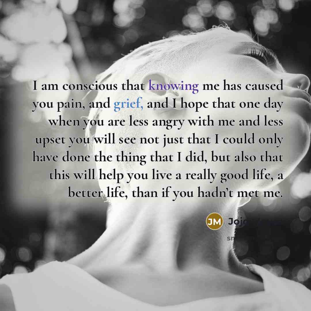 “I am conscious that knowing me has caused you pain,…” quote by Jojo Moyes