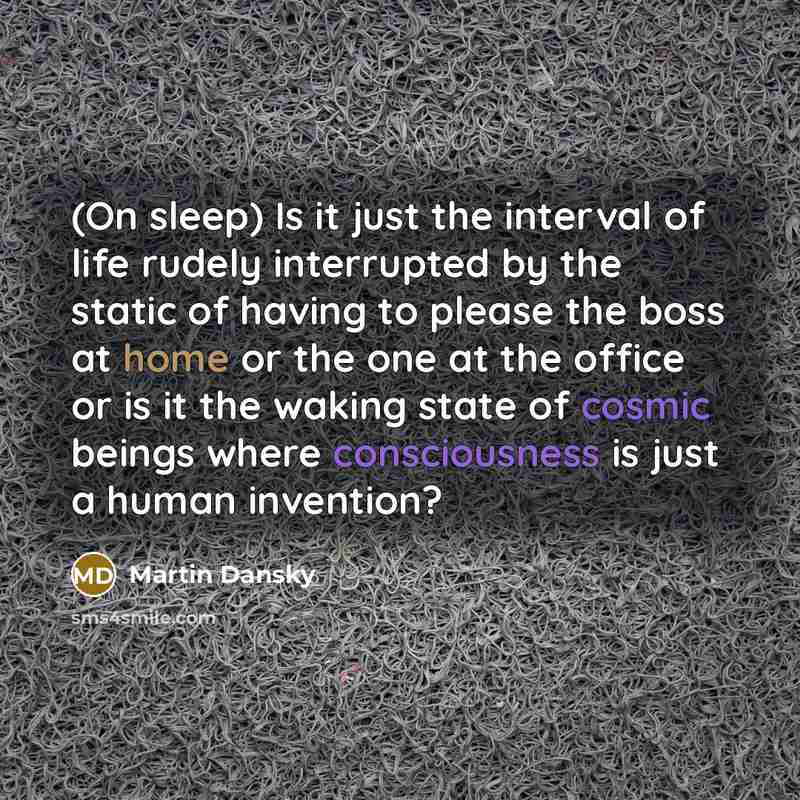 “(On sleep) Is it just the interval of life rudely interrupted by the static of having to please the boss at home or the one at the office or is it the waking state of cosmic beings where consciousness is just a human invention?” quote by Martin Dansky