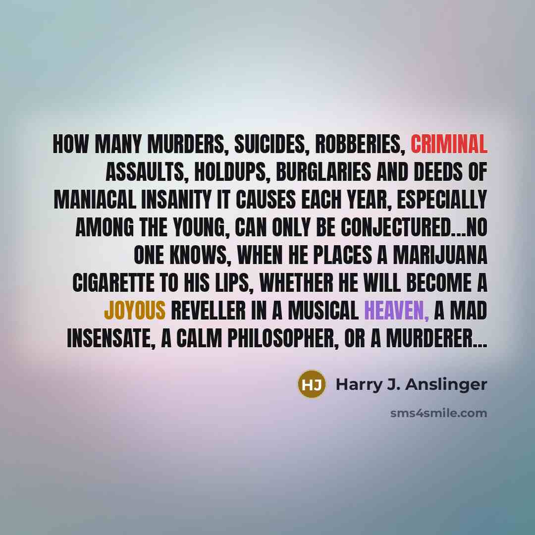 “How many murders, suicides, robberies, criminal assaults, holdups, burglaries and…” quote by Harry J. Anslinger