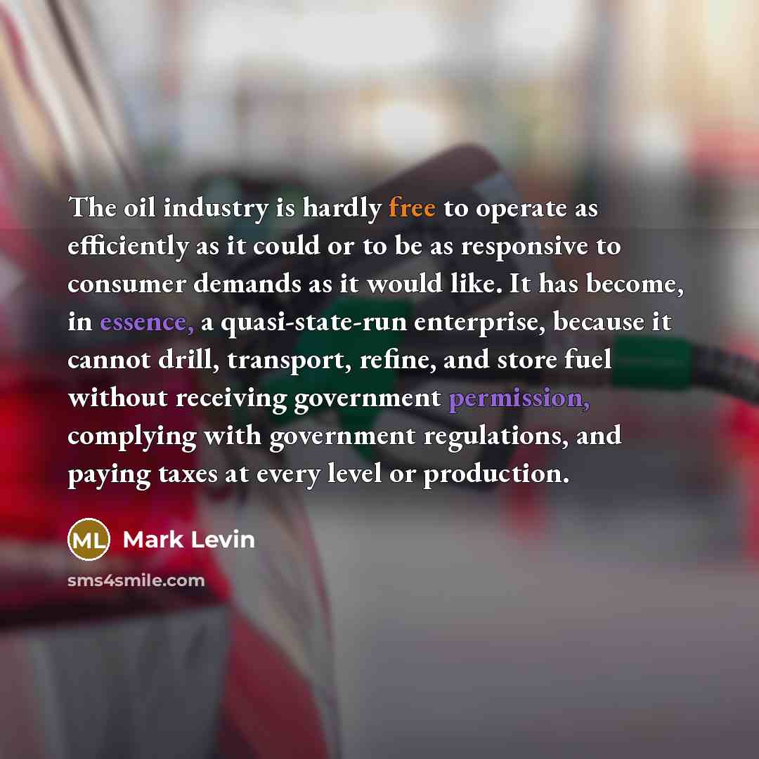 “The oil industry is hardly free to operate as efficiently as it could or to be as responsive to consumer demands as it would like. It has become, in essence, a quasi-state-run enterprise, because it cannot drill, transport, refine, and store fuel without receiving government permission, complying…” quote by Mark Levin
