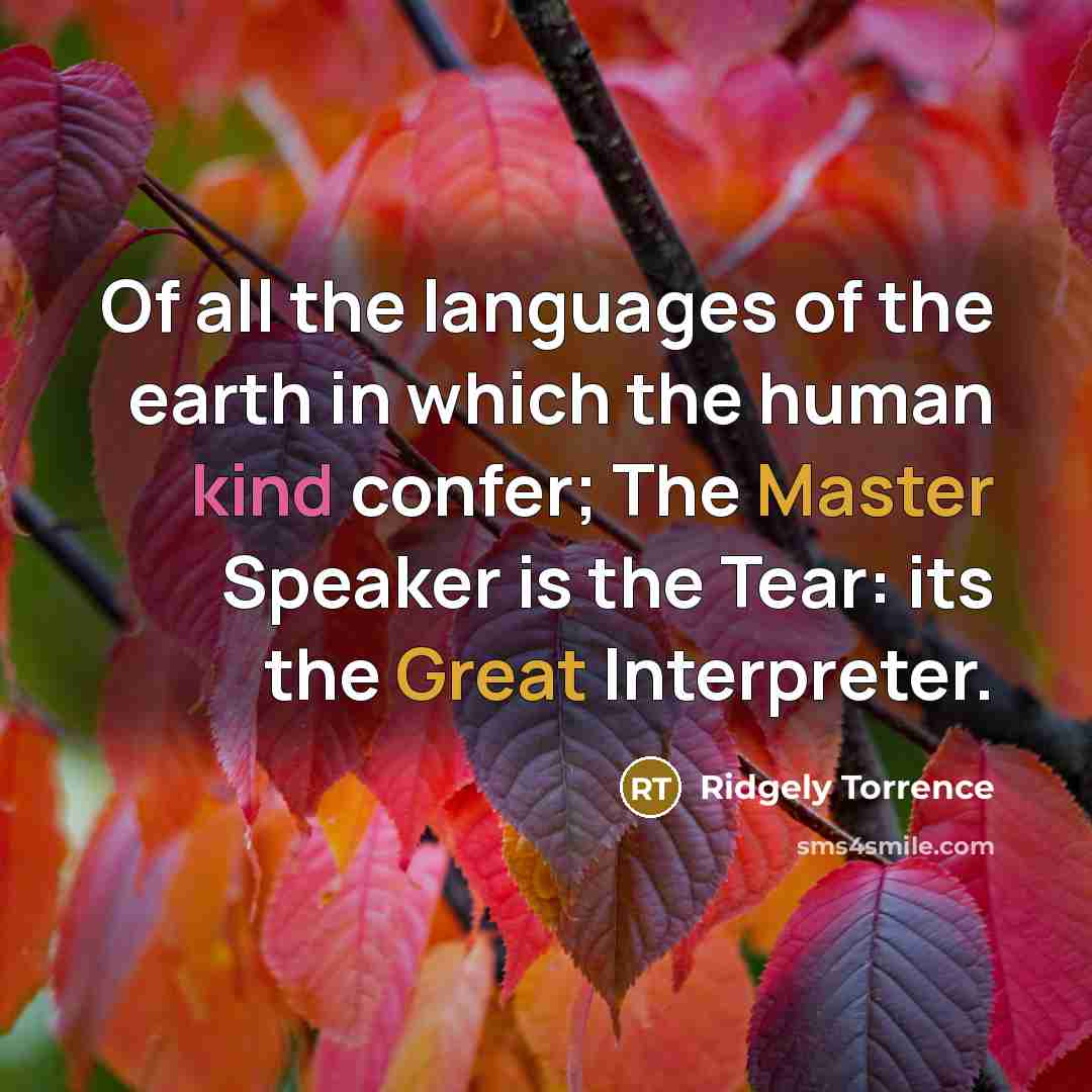 “Of all the languages of the earth in which the human kind confer; The Master Speaker is the Tear: its the Great Interpreter.” quote by Ridgely Torrence