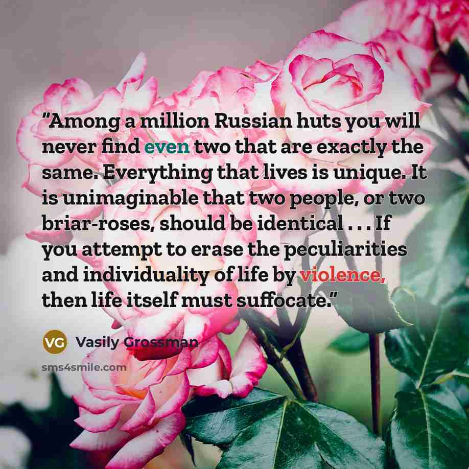 “Among a million Russian huts you will never find even two that are exactly the same. Everything that lives is unique. It is unimaginable that two people, or two briar-roses, should be identical . . . If you attempt to erase the peculiarities and individuality of life by violence, then life itself…” quote by Vasily Grossman